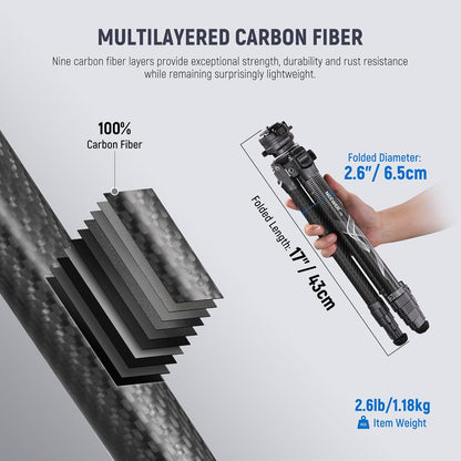 NEEWER LITETRIP LT32 62" Travel Tripod Carbon Fiber with ±15° Leveling Base, Detachable Center Axis, Fast Flip Buckle, 360° Pan Arca Type QR Plate Compatible with Peak Design Capture V3 (Former TP62)