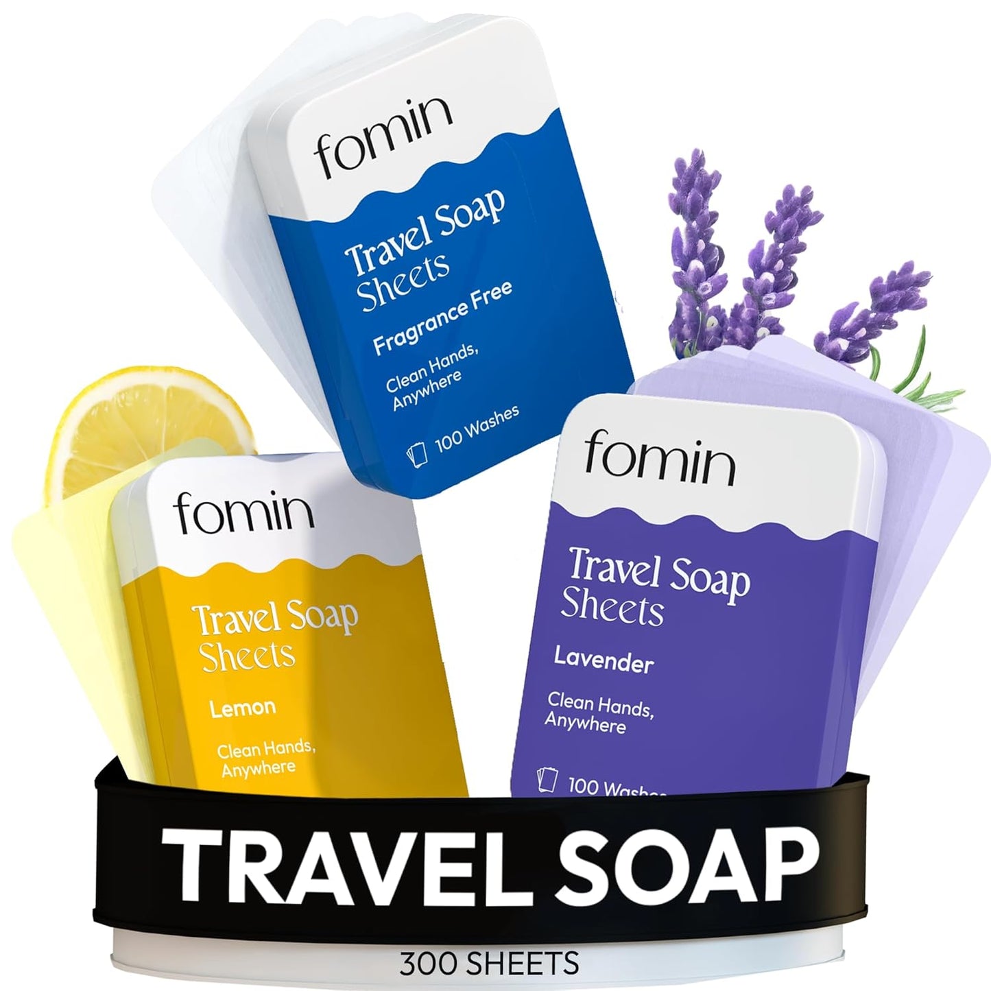 FOMIN - Antibacterial Paper Soap Sheets Tin for Traveling - (300 Sheets) Variety Pack (Unscented, Lemon, Lavender) Portable Travel Hand Soap Sheets, Dissolvable Mini Camping Hand Soap for Hand Washing