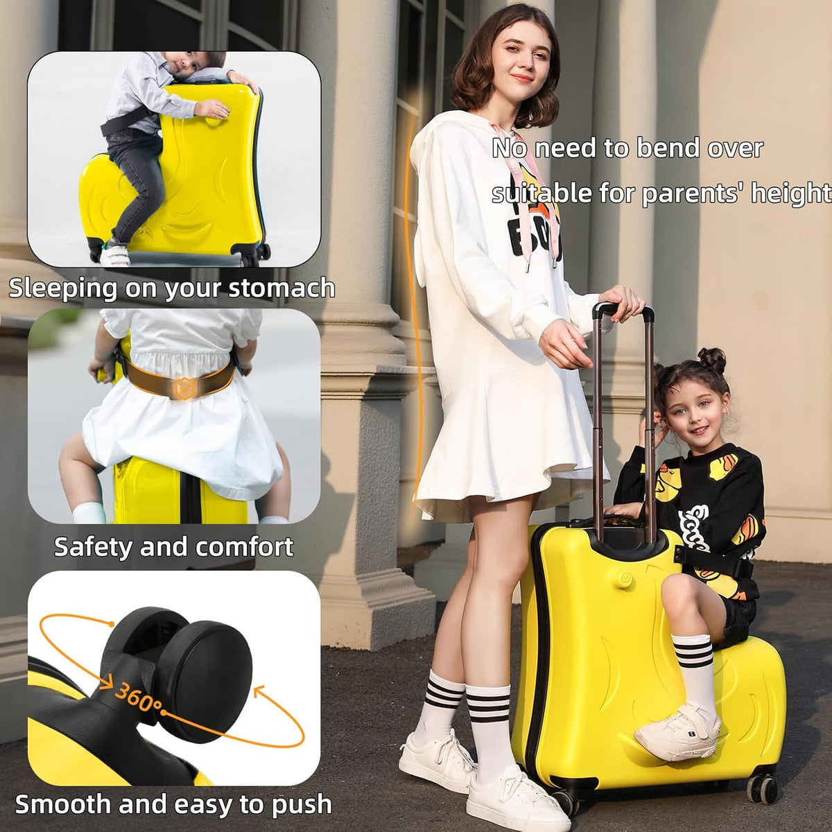 Hardside Ride on Kids Luggage with 4 Spinner Wheels for Girls and Boys, Rolling Childrens Travel Suitcase with Seat and Safety Belt for Toddler Ages 2-12 (Yellow, 25-Inch Checked)