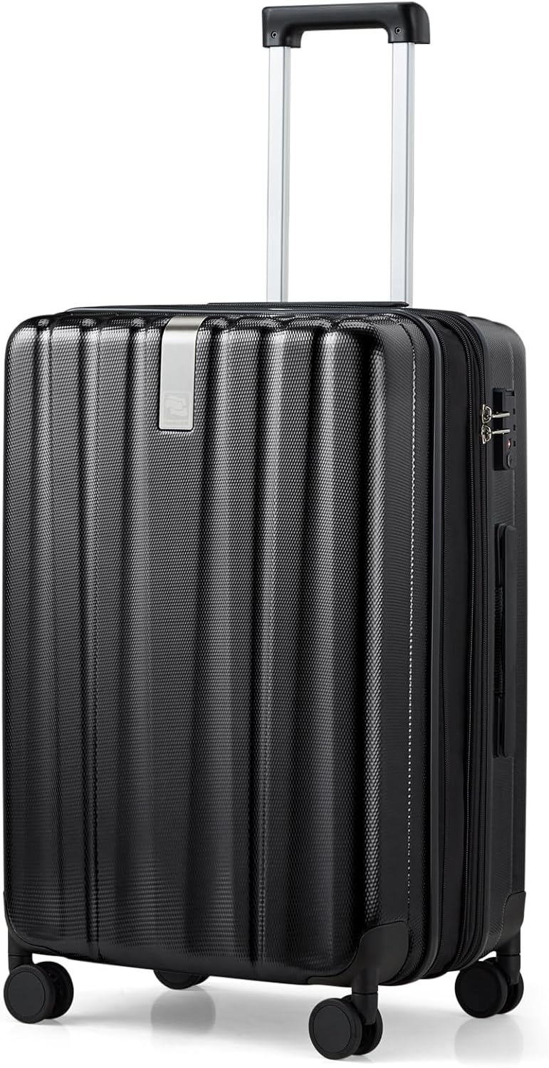 Hanke 24 Inch Expandable Checked Luggage Lightweight PC Hard Shell luggage Suitcases with Wheels Travel Luggage Rolling Large Suitcase Travel Luggage Bag for Go To University.(Jet Black)