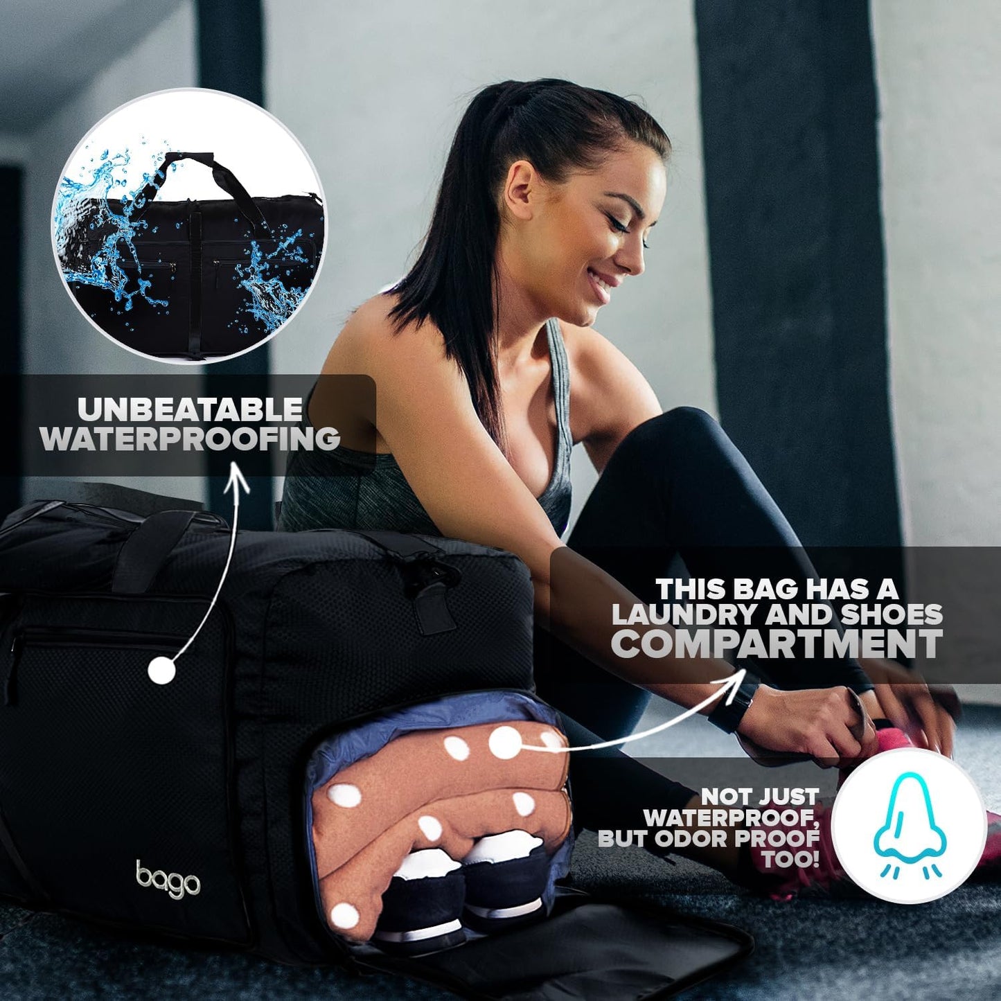 Bago Foldable Duffel Bags for Traveling Women & Men - 60L Medium Packable Duffle Bag for Travel with Shoe Compartment - Water Repellant, Heavy Duty, Lightweight Folding & Collapsible (All Black)