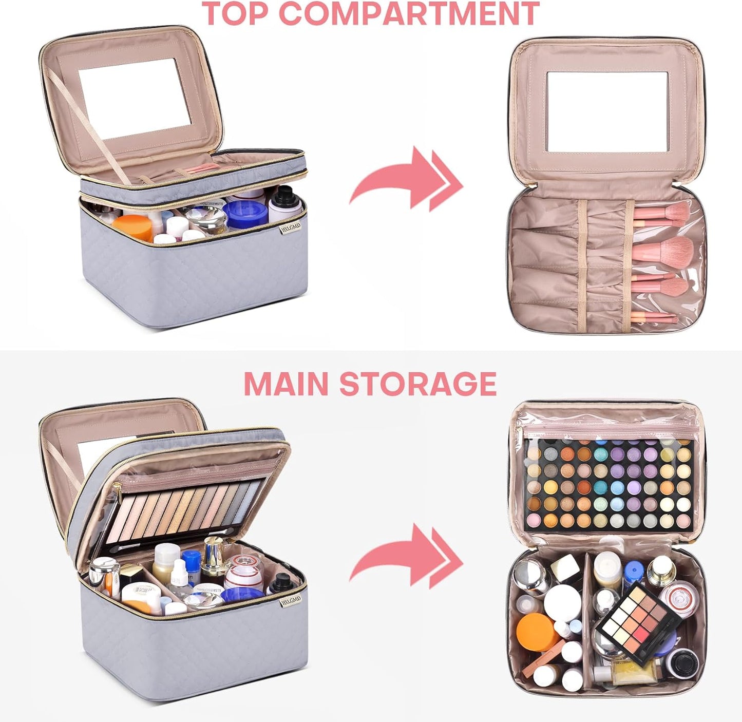 Large Makeup Bag with Mirror Double Layer Travel Make Up Organizer Case, Large Capacity Coemetic with Brush Slot Divider, Travel Toiletry Bag for Women (Grey)
