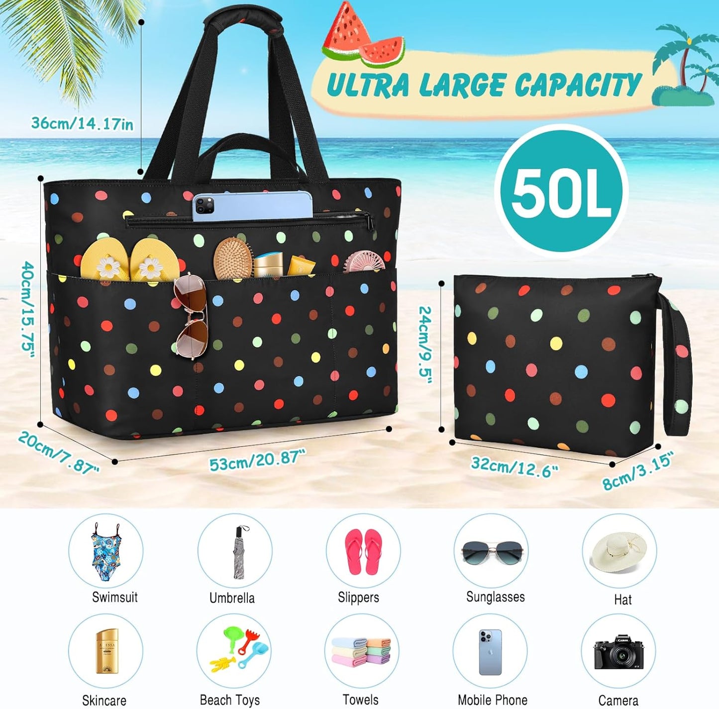 Extra Large Beach Bags for Women, Waterproof Sandproof Beach Tote Bag Zipper Foldable Swim Pool Bag with Wet Pocket