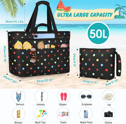 Extra Large Beach Bags for Women, Waterproof Sandproof Beach Tote Bag Zipper Foldable Swim Pool Bag with Wet Pocket
