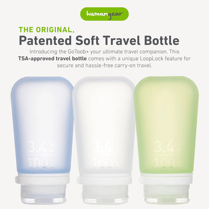 humangear GoToob+ 3-Pack (Large) | Refillable Silicone Travel Bottle | Locking Lid | Food-Safe Material, Clear/Green/Blue, Large (3.4 fl.oz.; 100ml)