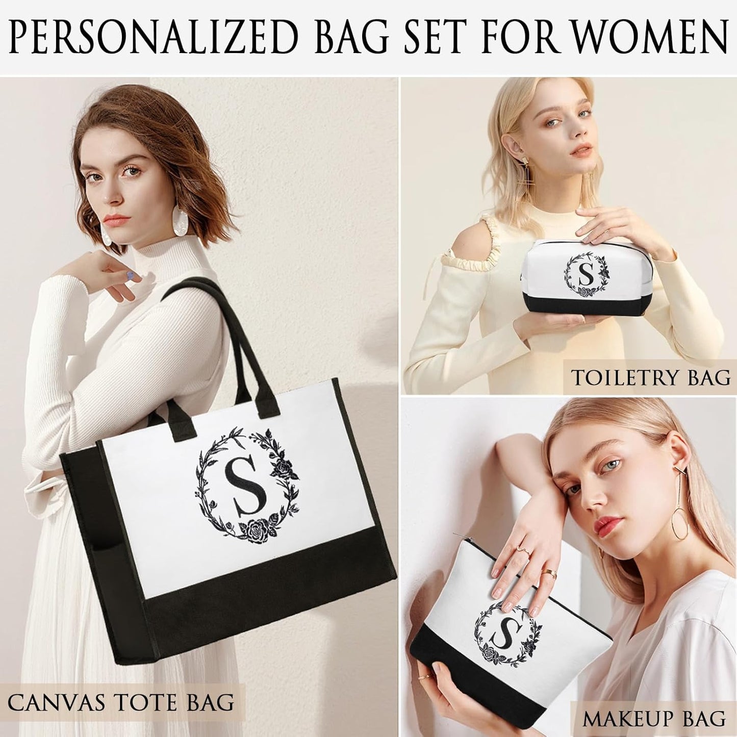 Personalized Mothers Day Gifts for Mom Women, Initial Canvas Tote Bag & Makeup Bag Monogrammed Beach Tote Bag for Women w/Zipper, Birthday Gifts for Her Sister Friend Girlfriend Wife Daughter Teacher