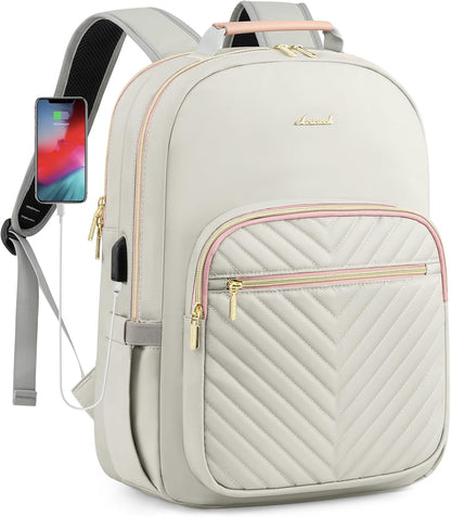 LOVEVOOK Laptop Backpack Purse for Women, Work Travel Computer Bags, College School Backpack for Student Girl, Quilted Casual Daypack with USB Port, Fit 15.6 Inch Laptop, Grey Pink