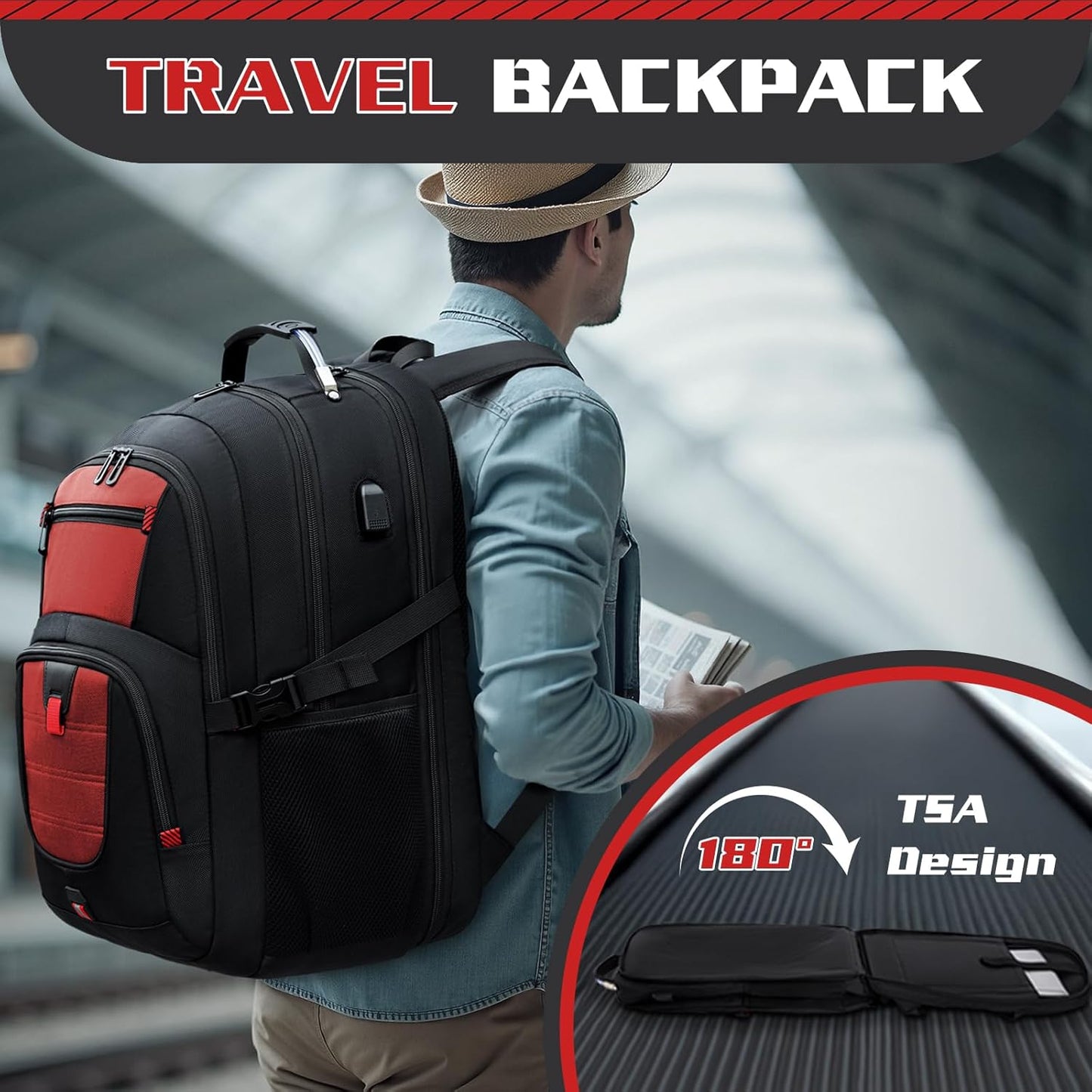 Large Travel Backpack, 50L Laptop Backpack for Men 17.3 Inch, TSA Approved, Heavy Duty with USB Charging, Anti Theft for College Business Work, Red