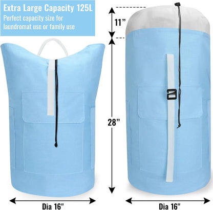 Laundry Bag Backpack, 125L Extra Large Travel with Shoulder Straps, Adjustable & Extendable Design, Laundry Hamper Bag with 3 Pockets for Laundromat, College, Travel, Camping (Light Blue)