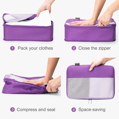 4 Set Compression Packing Cubes for Travel, Suitcases and Backpack Space Saving Organizers (Bright Purple)