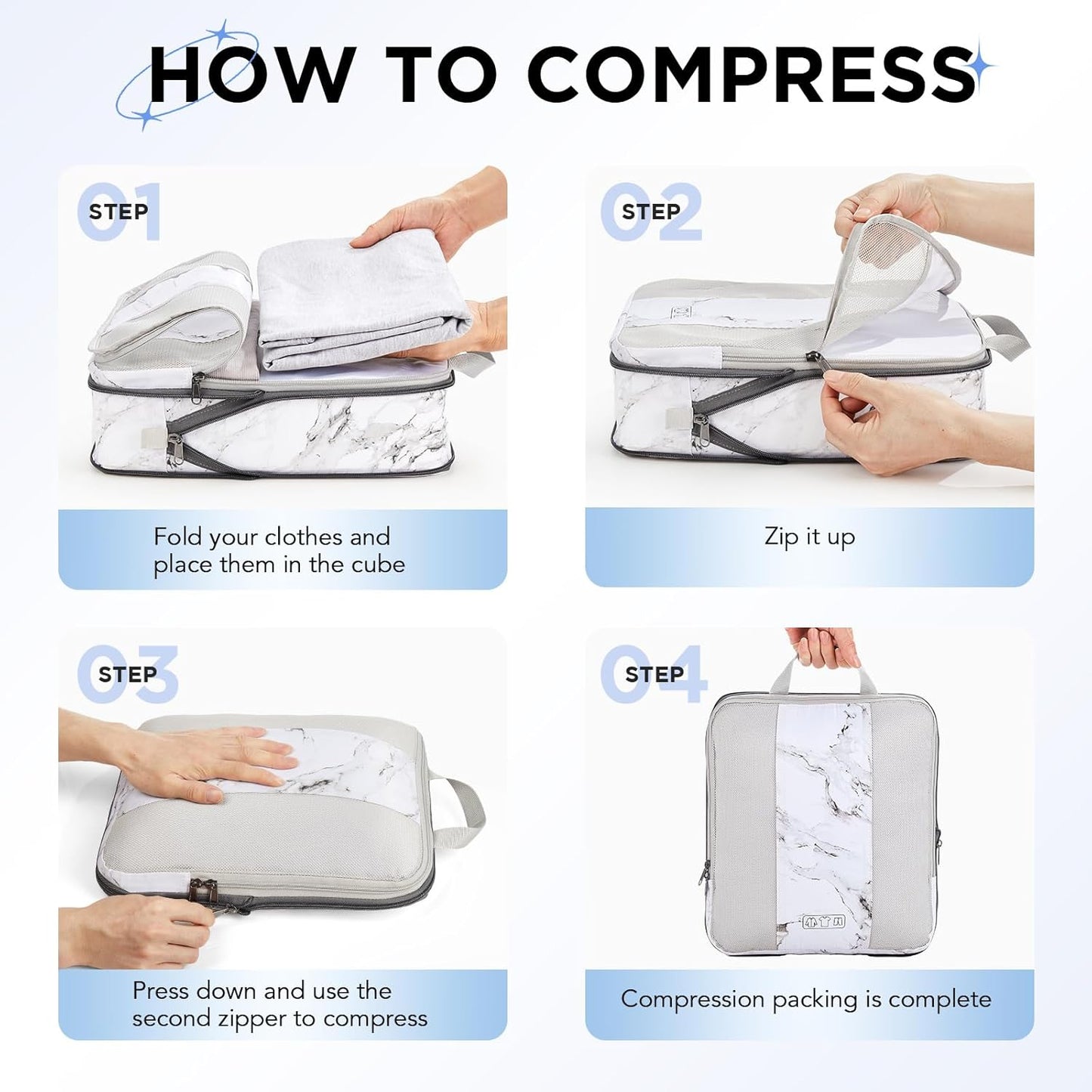 10 Set Compression Packing Cubes for Travel Essentials,Compressible Expandable Packing Cubes for Suitcase,OlarHike Luggage Organizer Bags for Travel,Handy Helper for Organizing Clothes(White Marble)