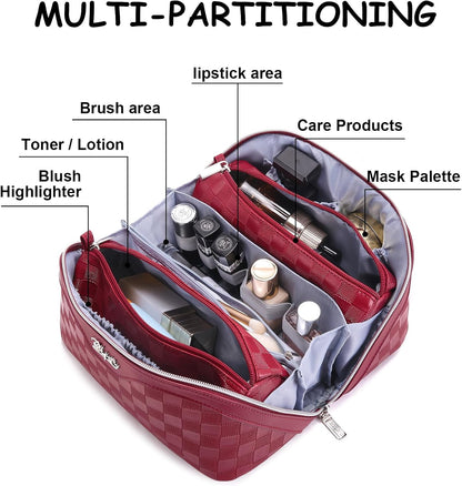 Travel Makeup Bag Organizer Cosmetic Bag: 3 Pcs Set Make up Bags for Women with Handle - Waterproof Vegan Leather Toiletry Bags with Comparments (C-11-Red)