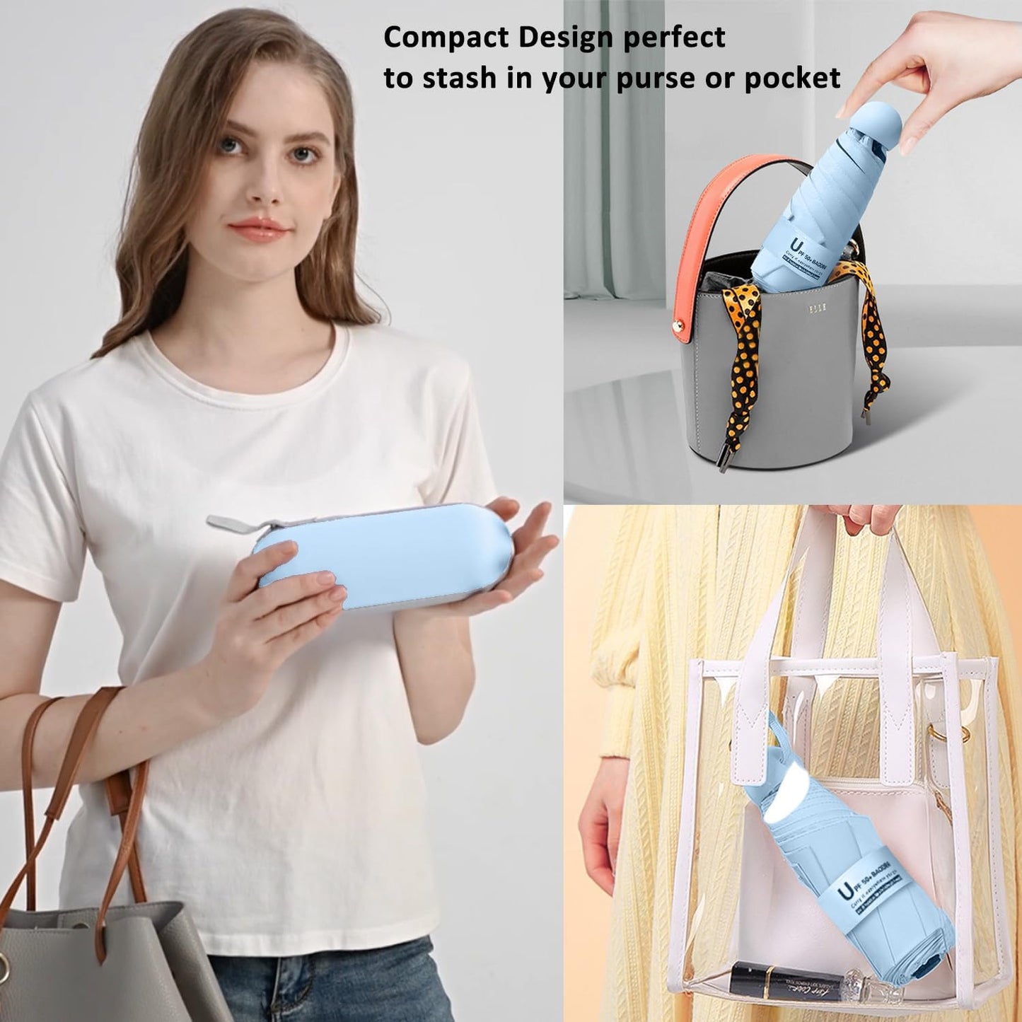 BAODINI Travel Mini Umbrella for Purse With Case Small Compact UV Sun Protection Sun Lightweight Tiny Pocket Umbrella for Women Kids and Men