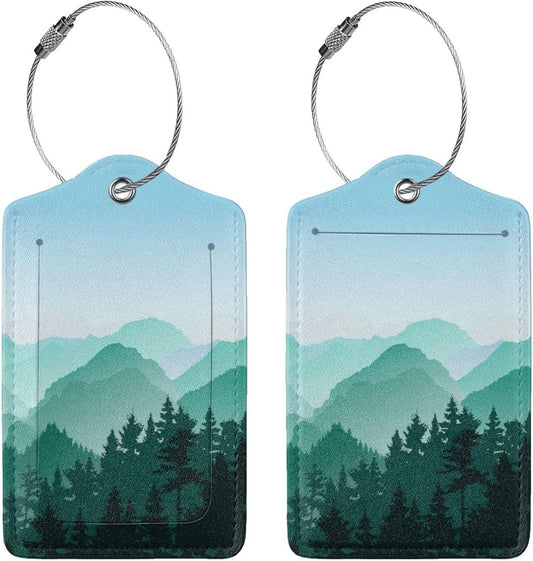 2 Pcs Cute Green Mountain Luggage Tag for Suitcase, Steel Loop with Privacy Cover ID Label, Green Hill Forest Birthday Decoration Themed Travel Gift