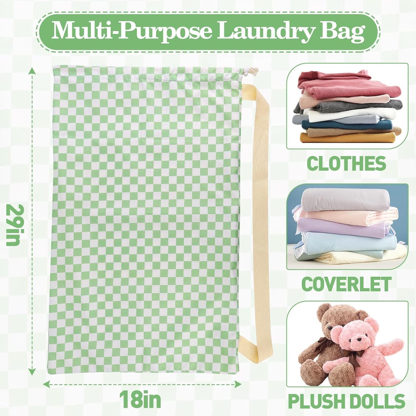 Laundry Bag, Dirty Backpack Laundry Bag For College Travel Laundromat Apartment, With Handles 29" X 18" (Green White Checkered)