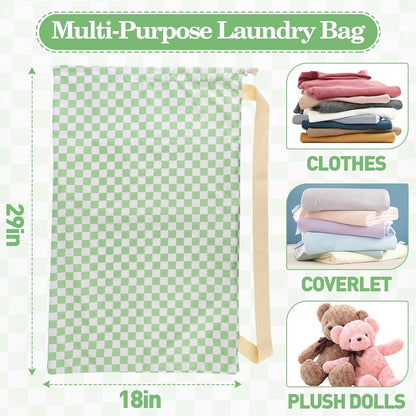 Laundry Bag, Dirty Backpack Laundry Bag For College Travel Laundromat Apartment, With Handles 29" X 18" (Green White Checkered)