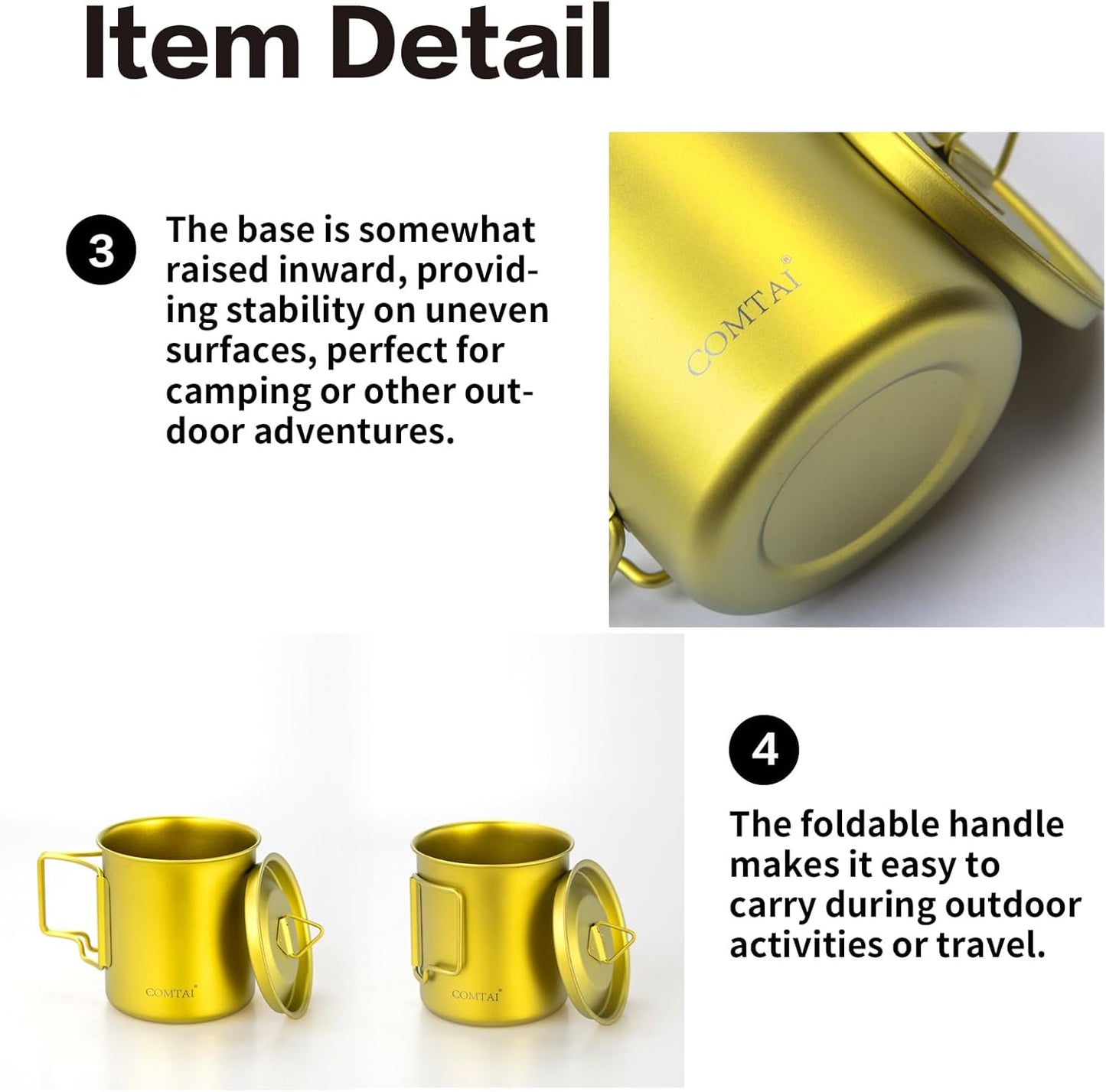Titanium Camping Pot Mug 15oz (420ml) with Lid and Foldable Handle – Ultralight Camping Cup for Hiking, Backpacking, Outdoor Cooking, Yellow