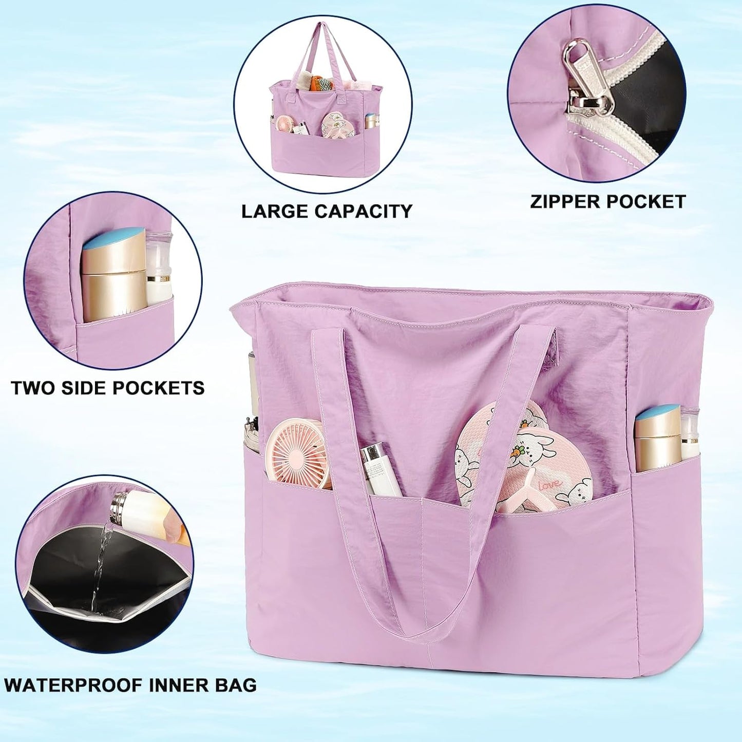 LEDAOU Beach Bag Waterproof Sandproof Women Tote Bag Pool Bag with Zipper for Gym Grocery Travel with Wet Pocket