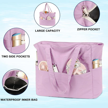 LEDAOU Beach Bag Waterproof Sandproof Women Tote Bag Pool Bag with Zipper for Gym Grocery Travel with Wet Pocket