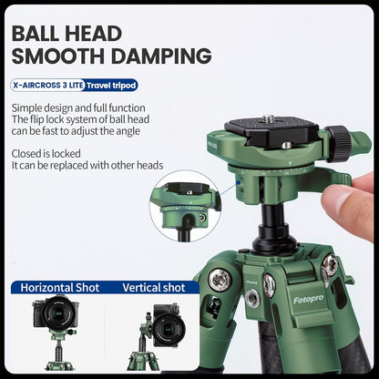 Fotopro Carbon Fiber Tripod 51 Inch 360 Degree Ball Head Quick Release Plate Lightweight Camera Tripod for Travel Tripod Folded Height Only 13.9",Max Loads up to 17.6lbs,Green