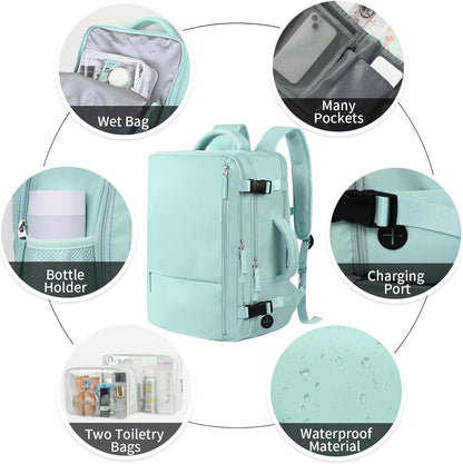 Hanples Large Travel Backpack for Women as Person Item Flight Approved, 35L Carry on Backpack, 17 Inch Laptop Backpack, Waterproof Backpack,Casual Bag with 2 Toiletry Bags (Mint Green)