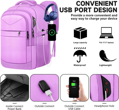 Lapsouno Large Laptop Backpack, Travel Laptop Backpack, 17.3 Inch Carry on Backpack with USB Port, TSA Travel Bag for Women, College School Backpack for Women, Light Purple