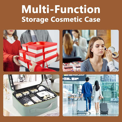 Travel Makeup Bag for Women and Makeup Artists Cosmetic Organizer Large Makeup Case,Travel Makeup Bag with Mirror 3 Color Setting,Portable Storage and Adjustable Dividers(light brown)