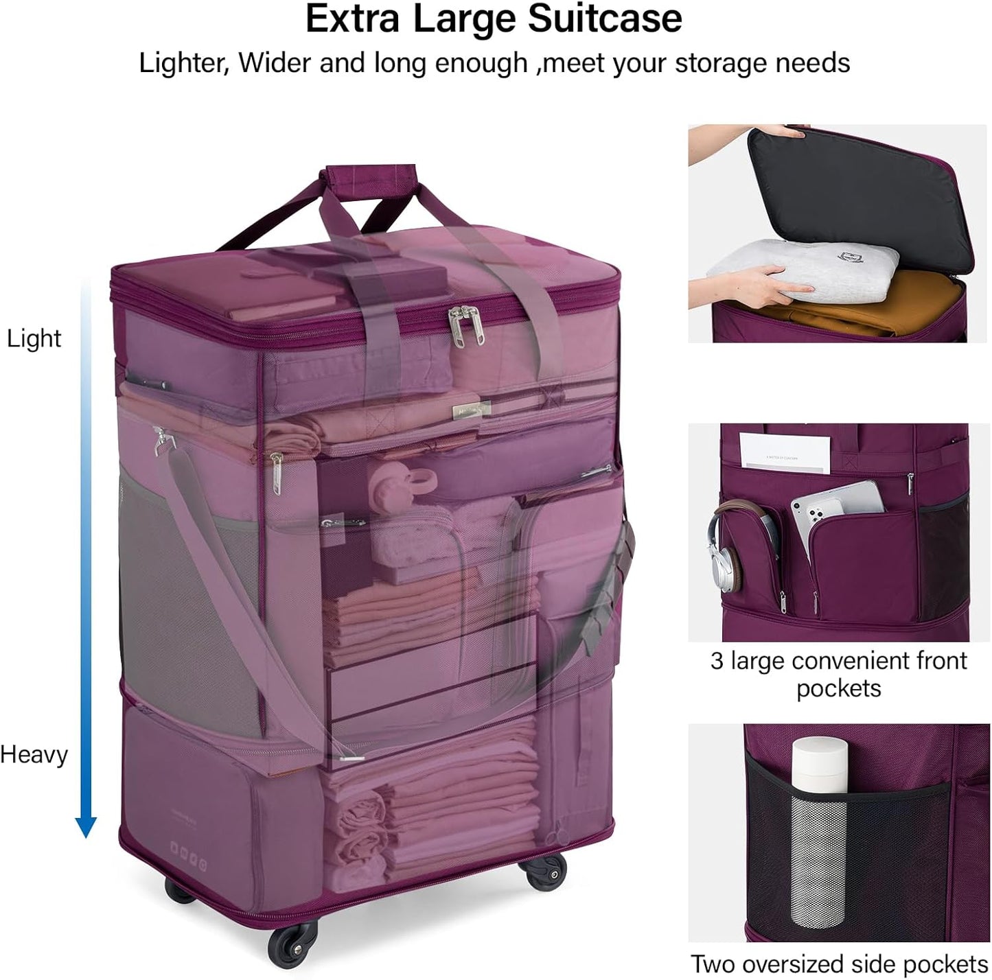 Hanke Expandable Collapsible Luggage with Wheels Suitcase Luggage Rolling Travel Bag Duffel Bag for Men Women Lightweight Suitcase Large Capacity Luggage with Spinner Wheel (Purple)