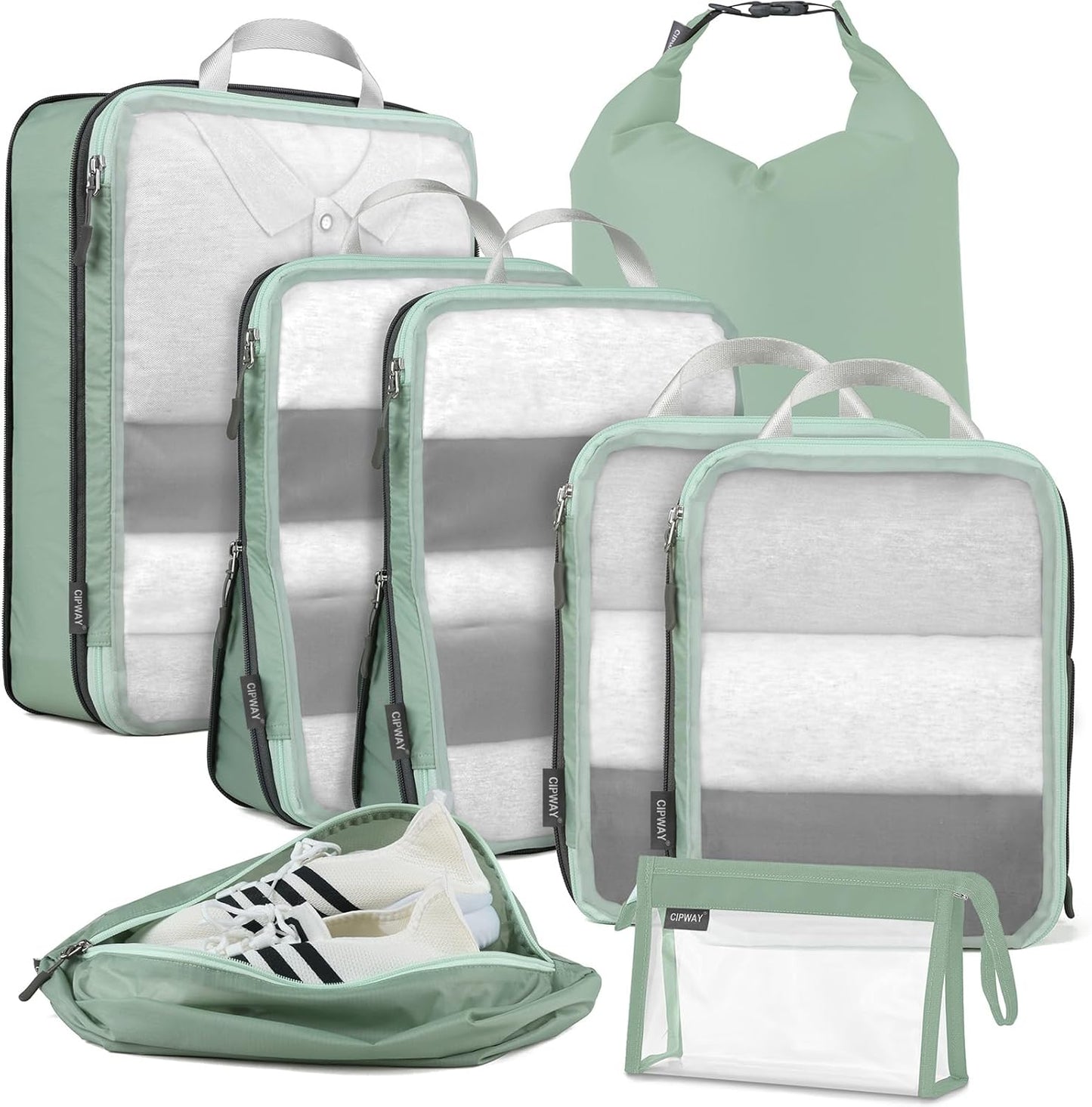 Cipway Compression Packing Cubes Mesh, Lightweight Luggage Organizer Bags with Laundry Bag,Toiletries Bag and Shoe Bag, Travel Essentials for Carry on Suitcase（8 Pcs,Sage Green）