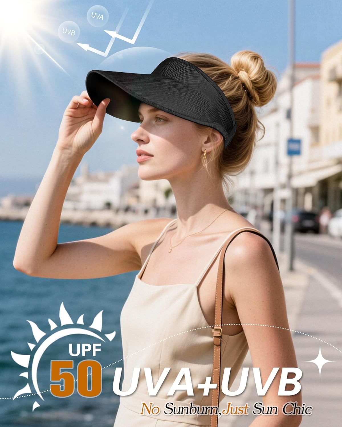 Sun Visor Hats for Women,UPF50+ Wide Brim Sun Hats Adjustable Foldable Beach Hats for Daily Travel