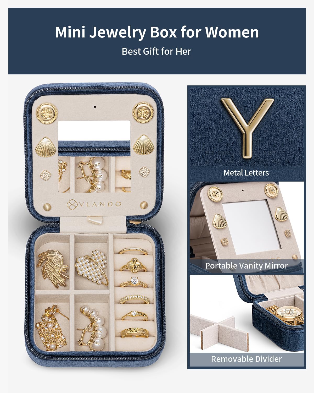 Vlando Girls Fashion Jewelry Box Mini Case - Dark Blue, Initial - Y