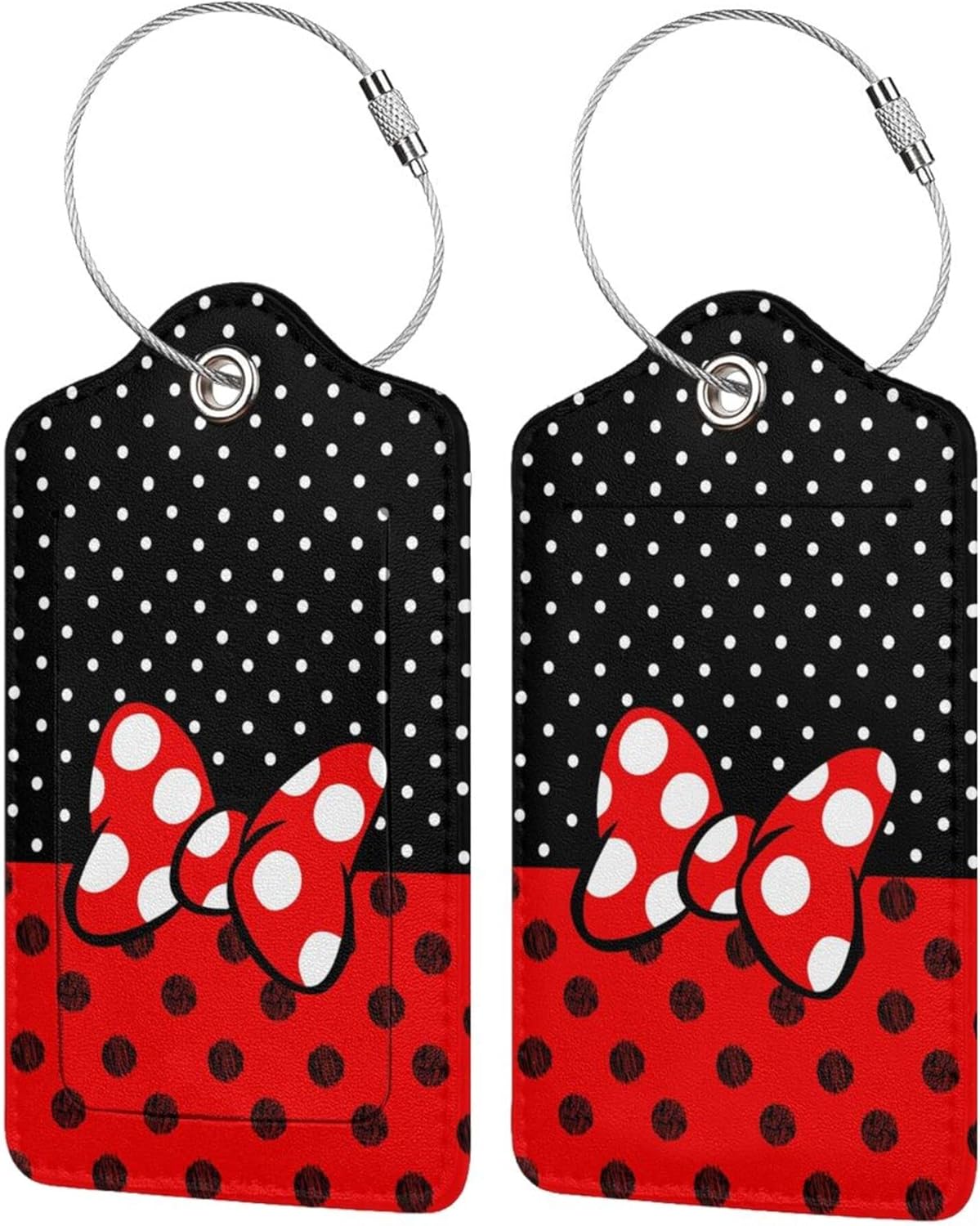 2 Pack Luggage Tags for Suitcase,Mouse Red Bow PU Leather Travel Luggage Tag with Privacy Flap, Name ID Label and Metal Loop for Women Men Suitcase Baggage Bag Backpack