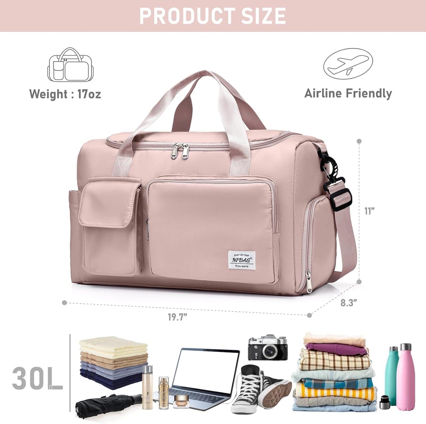 NPBAG Women Travel Duffel, Multi Functional Large Expandable Weekender Carry-on Tote, Gym Workout Overnight Bag, Mommy Hospital Bag for Labor and Delivery