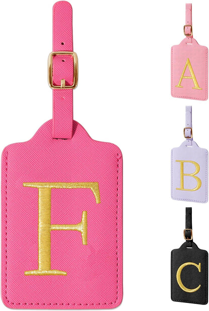 Personalized Initial Luggage Tags for Suitcase - Rose Red Leather With Privacy Cover Name Card, Embroidered Custom Monogram Travel Backpack Tag Gifts for Women Kids (F)