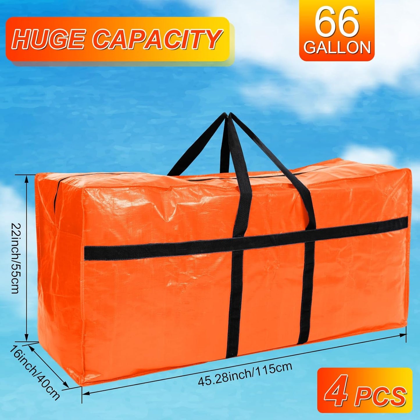 4 Pcs 66 Gallon Large Moving Bags with Zipper and Handles Foldable Storage Duffle Bags Heavy Duty Extra Large Totes for College Dorm Travel Clothes Blankets Bedding Moving (Orange)