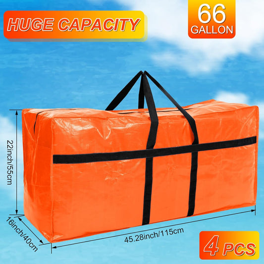 4 Pcs 66 Gallon Large Moving Bags with Zipper and Handles Foldable Storage Duffle Bags Heavy Duty Extra Large Totes for College Dorm Travel Clothes Blankets Bedding Moving (Orange)