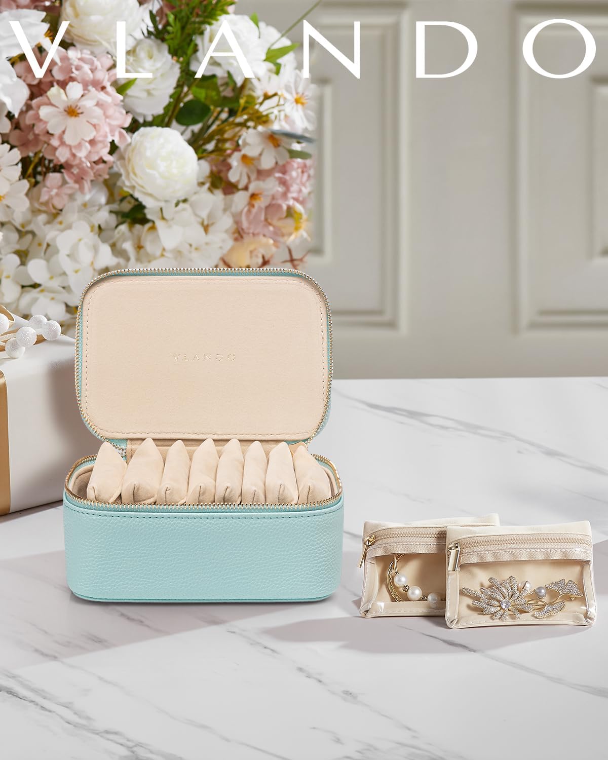 Vlando Jewelry Travel Organizer with 8 Velvet Jewelry Bags Travel Jewelry Storage Box Jewelry Case for Necklace Rings Earrings Trendy Christmas Birthday Graduate Gifts for Women-Lake Blue