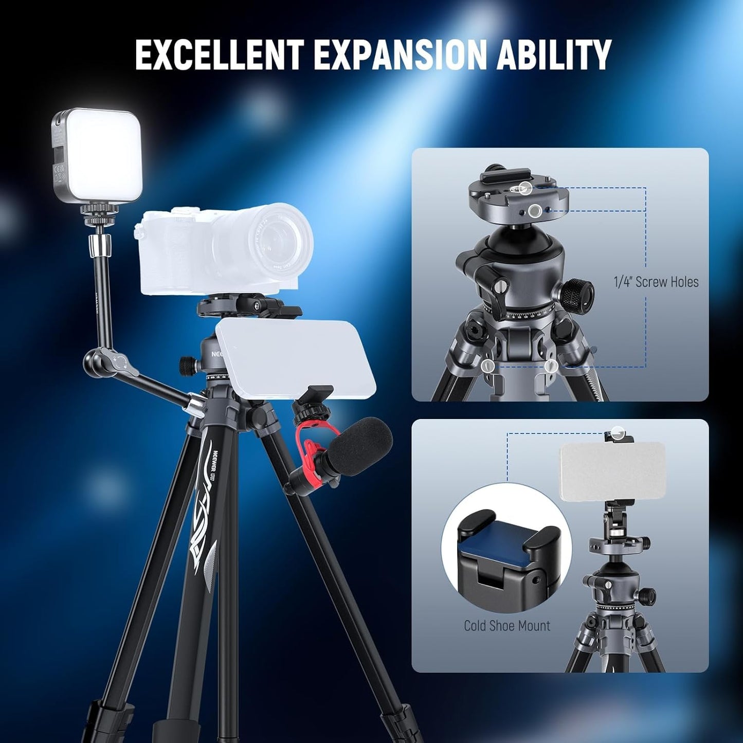 NEEWER LITETRIP LT07 61" Aluminum Travel Tripod for Camera w Pan Tilt Low Profile Ball Head, Arca QR Plate Compatible with Peak Design Tripod Plate V3, Dual Center Axis, Phone Holder, Max Load 22lb