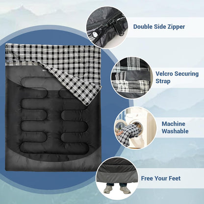 Double Sleeping Bag for Adults Machine Washable 2 Person Camping Sleeping Bag Queen Size Waterproof with Compression Sack for Cold Weather 3-4 Seasons
