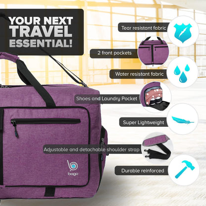 Bago Foldable Duffel Bags for Traveling Women & Men - 60L Medium Packable Duffle Bag for Travel with Shoe Compartment - Water Repellant, Heavy Duty, Lightweight Folding & Collapsible (SnowDepPurple)