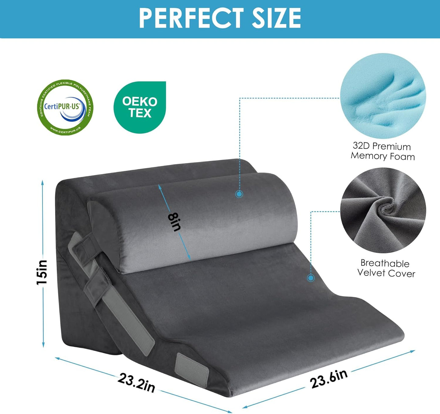 3PCS Bed Wedge Pillow for Headboard, Adjustable Wedge Pillow for Sleep Apnea, 23” Wide Triangle Pillow Wedge Set for After Surgery, Acid Reflux Relief, Snoring, Neck&Back Support, Grey