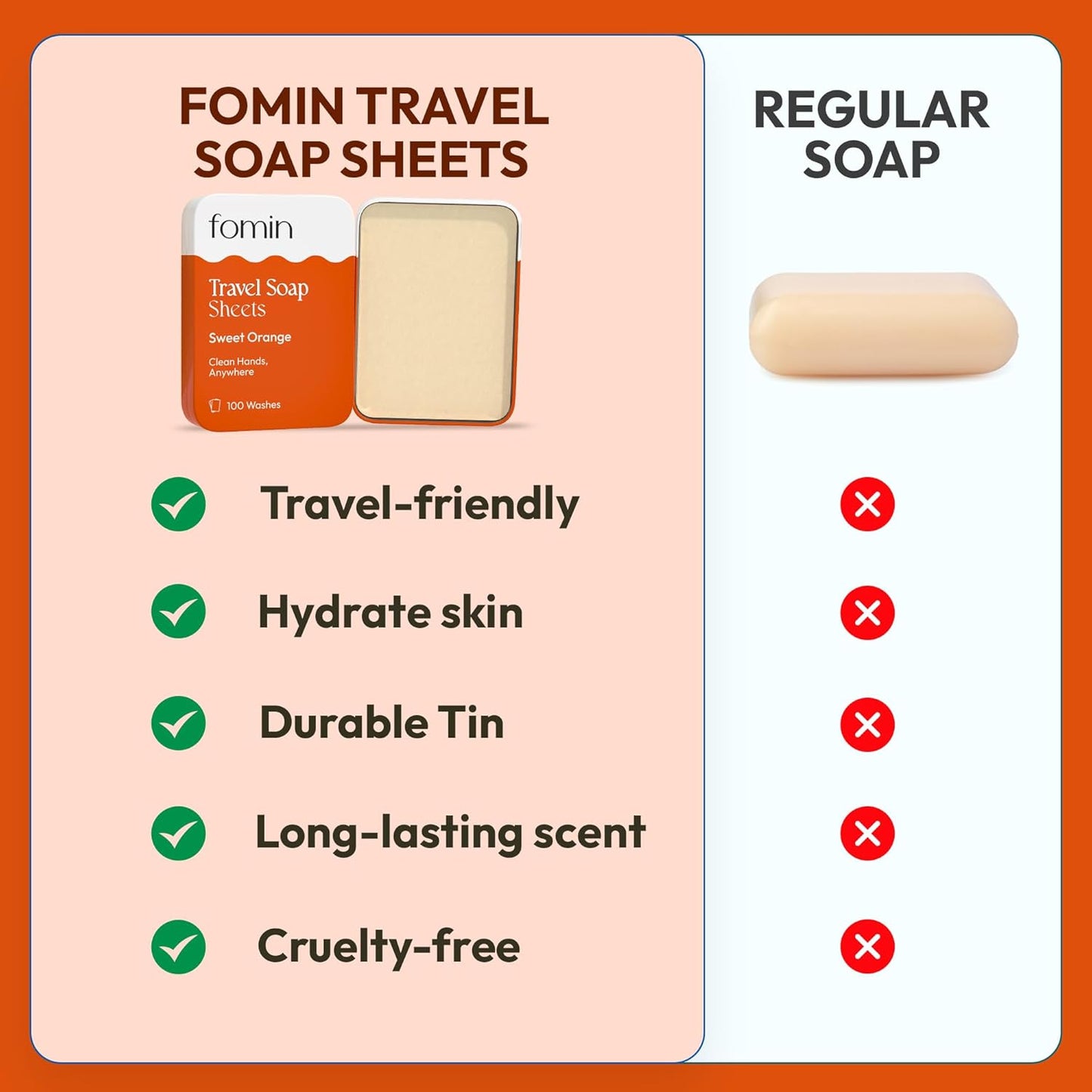 FOMIN - Antibacterial Paper Soap Sheets Tin for Traveling - (100 Sheets) Orange Portable Travel Hand Soap Sheets, Dissolvable Mini Camping Hand Soap for Hand Washing