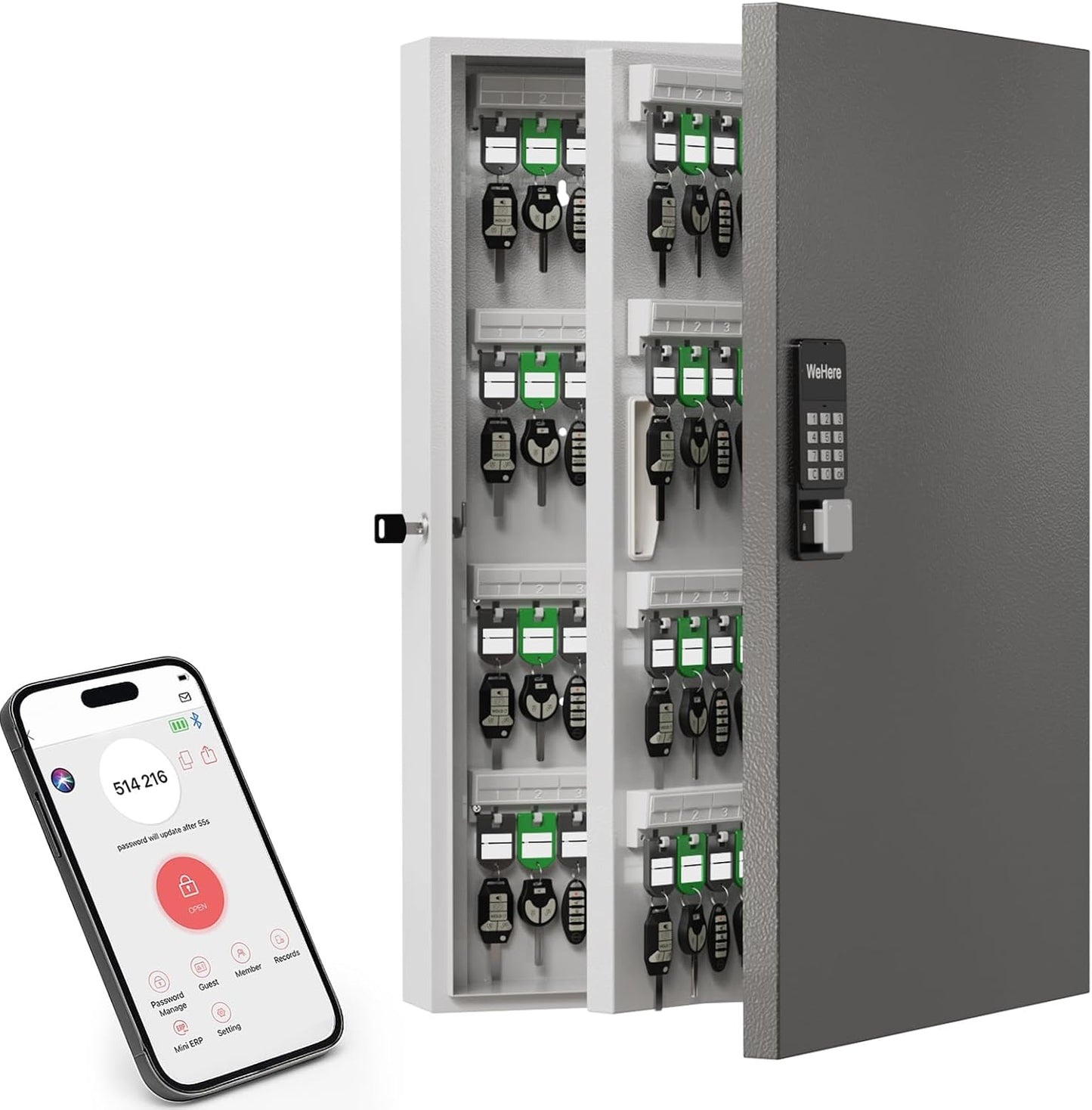 192 Key Cabinet Organizer,Metal Key Lock Box Wall Mount use OTP Technology Unlock,Fixed Password/Bluetooth/OTP Share Half-Remote Unlock,Security Lockbox for Key Management Hook & Storage
