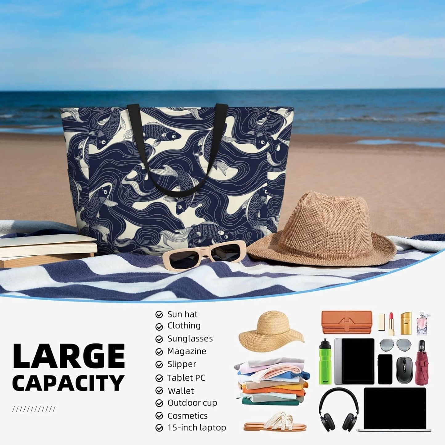 Beach Bag for Women Beach Tote Bag Waterproof Sandproof Large Bags with Zipper Big Capacity for Vacation Travel