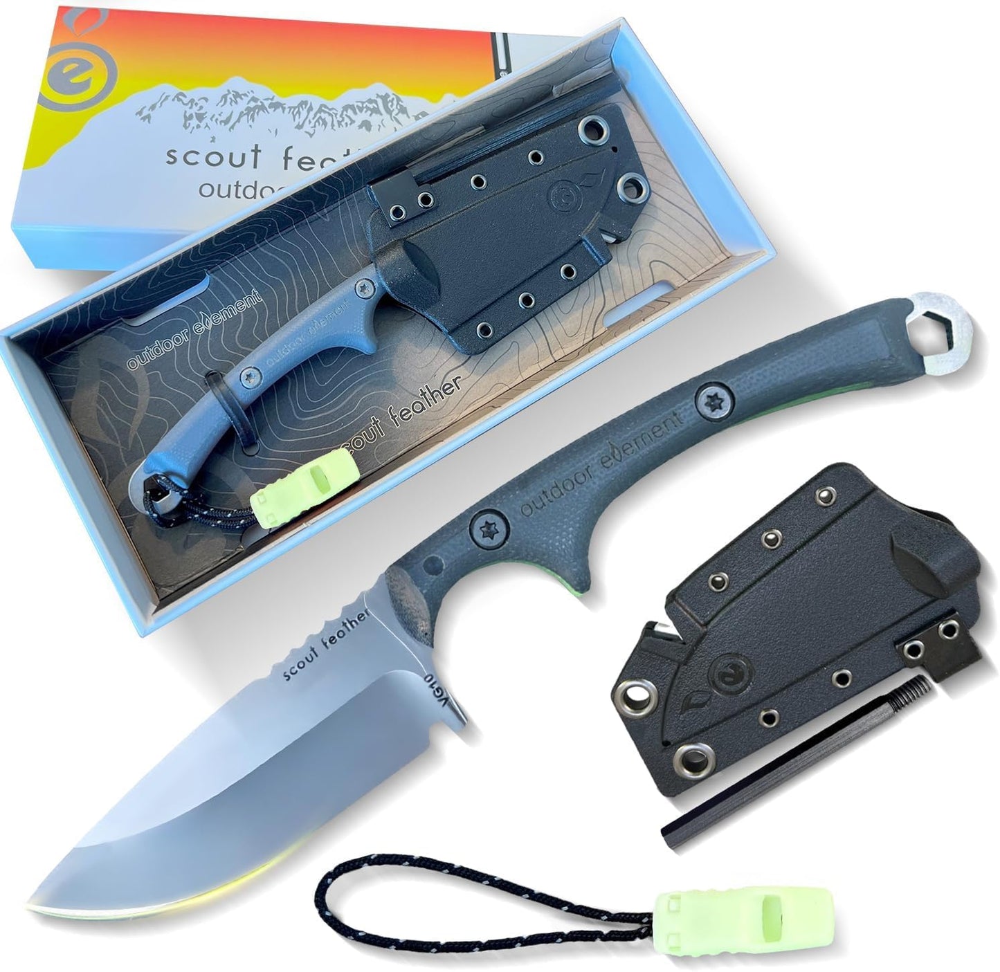 Scout Feather Glow - Fixed Blade Survival Knife with built-in Firestarter for Camping, Hunting, Outdoor Adventure and Culinary Need - VG10 Blade, Whistle, Knife Sharpener, Compact Sheath & G10 Handle