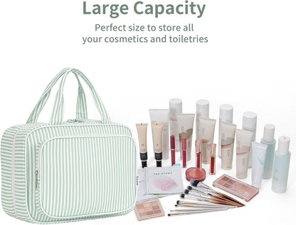 Narwey Striped Travel Toiletry Bag for Women Large Hanging Makeup Bag Organizer Toiletries Bag for Full Size Essentials Accessories Cosmetics (Mint Green Stripe (Large))