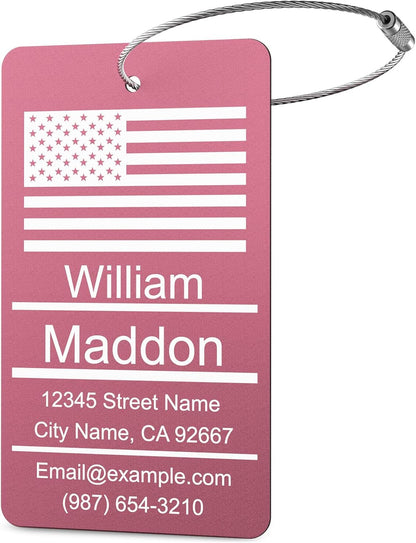 Luggage Tags for Suitcase - Pink Personalized Engraved Metal Tag for Cruise Travel - Custom Name Tags Suitable for Bags and Backpacks