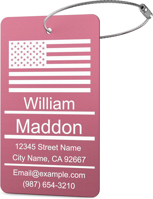 Luggage Tags for Suitcase - Pink Personalized Engraved Metal Tag for Cruise Travel - Custom Name Tags Suitable for Bags and Backpacks