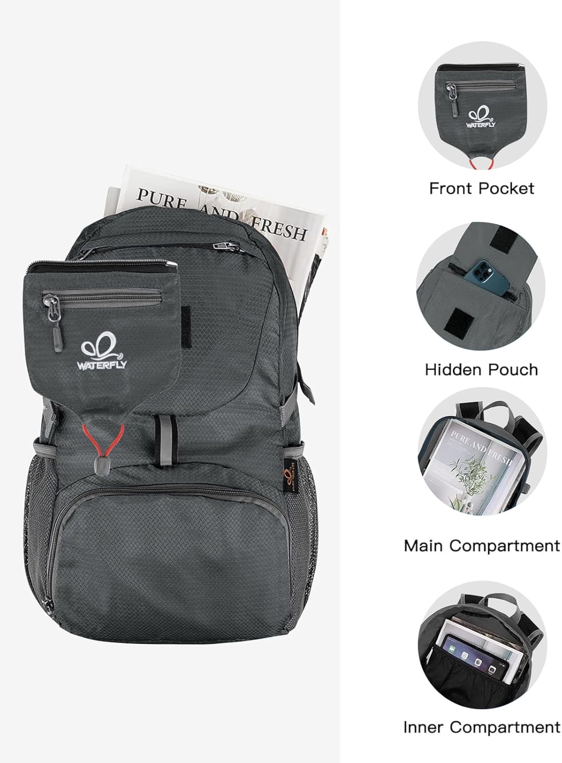 WATERFLY Small Lightweight Packable Backpack: 20l Ultra Light Foldable Travel Hiking Camping Daypack Day Pack for Man Woman