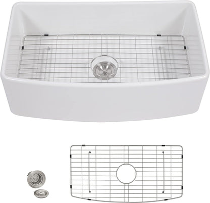 33 White Farm Sink - Fulorni 33"x20" Curved Apron Front Farmhouse Kitchen Sink Ceramic Porcelain Fireclay Single Bowl Farmer Style Basin